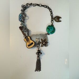 Ooak wearable art necklace boho western Botique artist guitar cowboy horse
